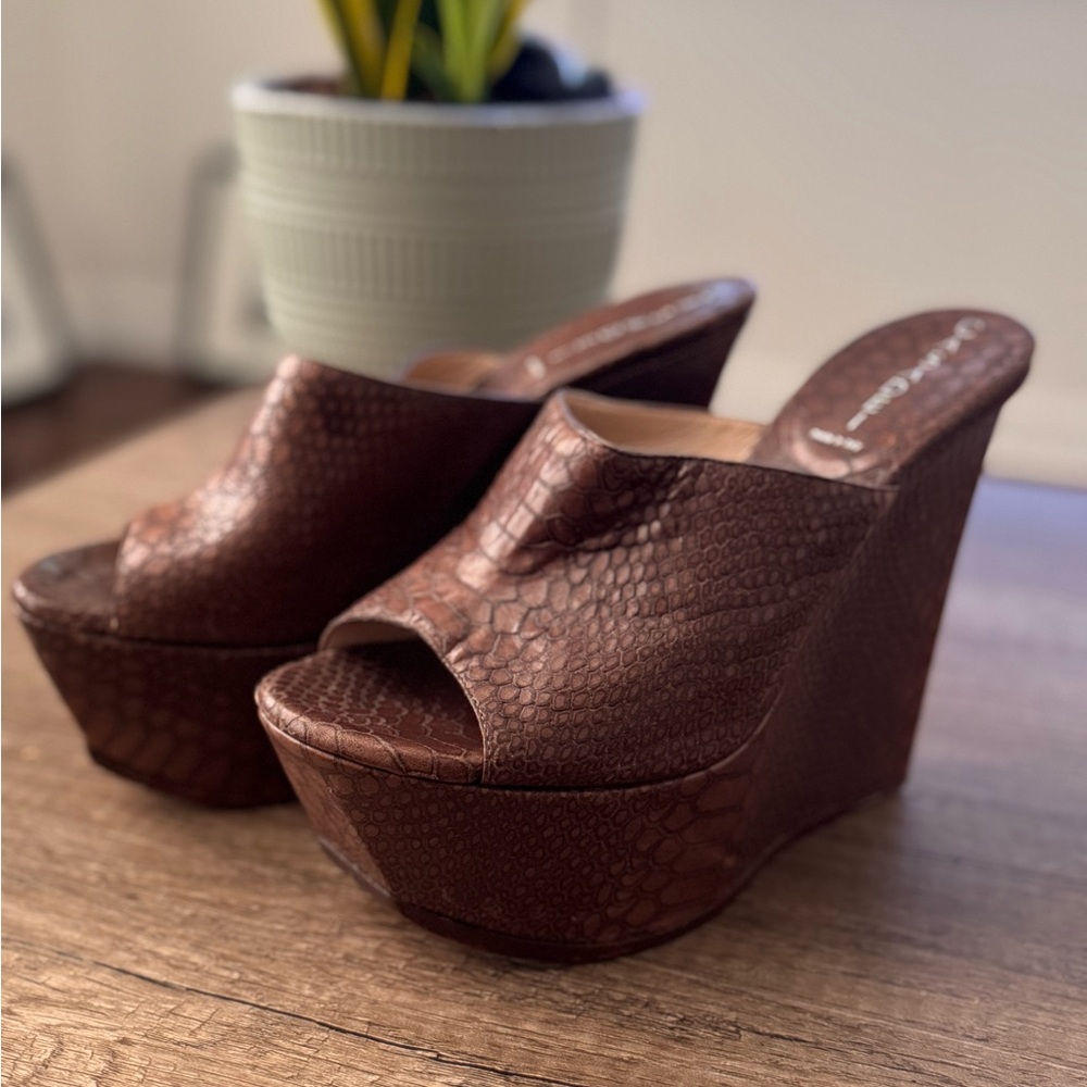 Casadei Brown Snakeskin Embossed Leather Wedge Sandals Size 7 US